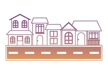 Street with Different houses along  over white background, vector illustration