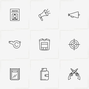 Police line icon set with wallet, police wanted  and flack jacket