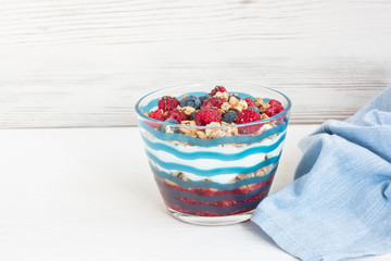 Yogurt with granola and berries / Fresh homemade yogurt with granola, raspberries puree and blueberries for healthy breakfast on white background