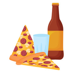 pizza slices and beer bottle  over white background, vector illustration