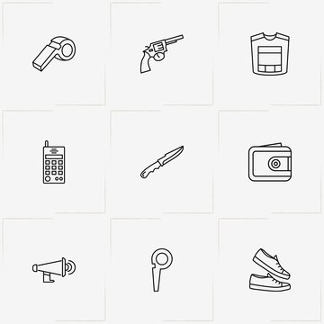 Police line icon set with wallet, knife and whistle