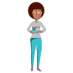 cartoon woman using a cellphone over white background, colorful design. vector illustration