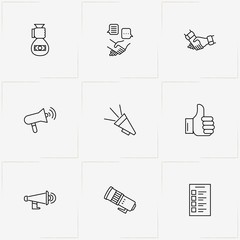 Politic line icon set with money bag, partnership  and vote list