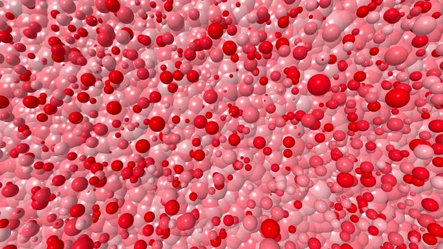 3D animated video with balls and bubbles 4K. Cartoon with red circles on a pink background in pastel colors of bubbles with glare, in arbitrary movement.