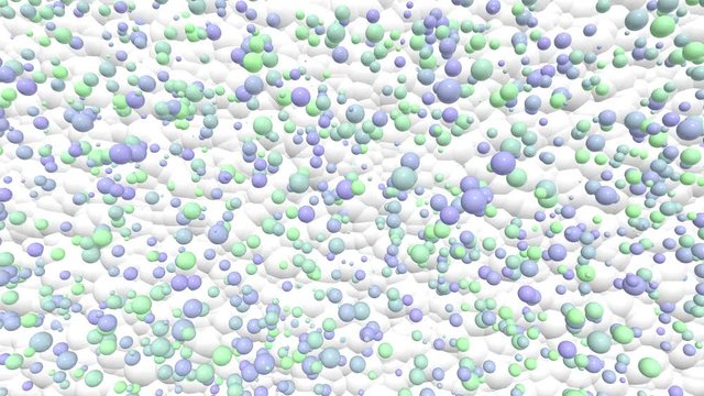 3D animated video with balls and bubbles 4K. Cartoon with blue and green circles on a white background in pastel colors of bubbles with glare, in free movement.