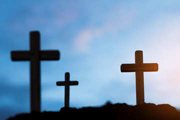 Silhouette jesus christ on cross background Abstract for christian religion at sunset