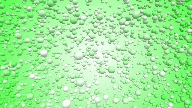 3D animated video with balls and bubbles 4K. Cartoon with green and white circles on a colored background in free movement.