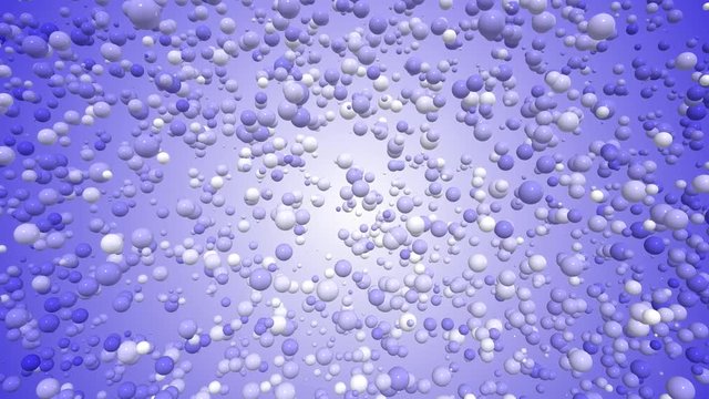 3D animated video with balls and bubbles 4K. Cartoon with blue and white circles on a colored background in free movement.