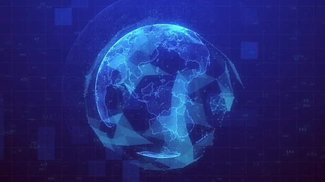planet earth rotating animation future technology business concept with plexus network and code running