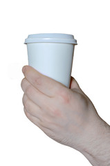men's hand holding a paper Cup