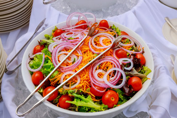 Greek vegetable salad with top view fresh healthy spring salad bowl