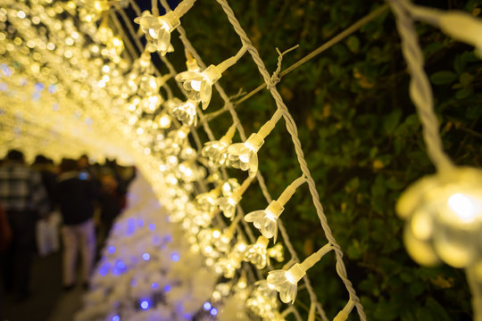 Closeup of flower shaped LED lights in Nabana No Sato Spring Illumination, Mie, Japan