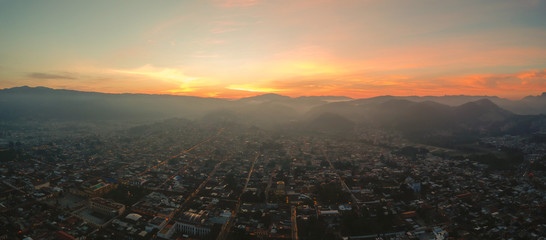 aerial shot of sunrise in a village