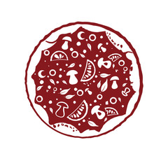 Pizza. Vector round sticker. Pizza with mushrooms and tomatoes Italian cuisine.