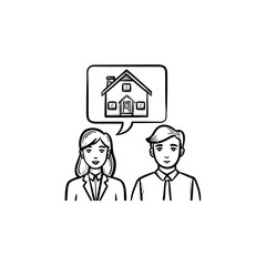 Real estate agent people communication hand drawn outline doodle icon. Manager talks to client as real estate consultation concept. Vector sketch illustration on white background.