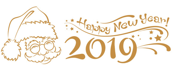 2019, Happy New Year. Christmas card with Santa Claus and text on white background