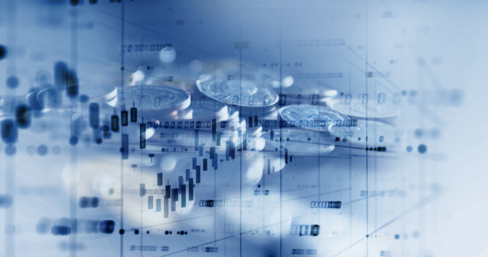 double exposure image of stock market investment graph and coins stack.