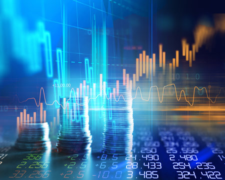 double exposure image of stock market investment graph and coins stack.