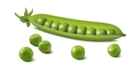 Fresh green pea pod with beans isolated on white background