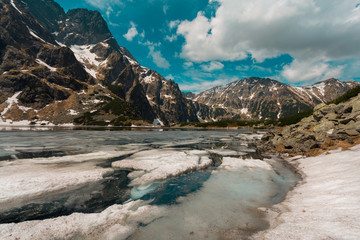 Icy lake in high mountains