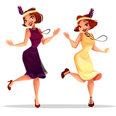 Obraz na płótnie Canvas Jazz dancers vector illustration of middle age women dancing charleston or cabaret music performance in retro dress and with vintage jewelry and feather plume on hat.