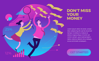 Business infographics with illustrations of business situations. Man and woman catching money with a hand and a butterfly net. Don't lose your money. Lost opportunities.  To catch a profit. Startup.