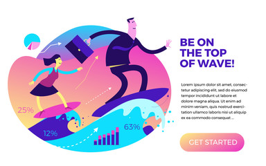 Business infographics with illustrations of business situations. Businessman and businesswoman on the wave of success. Surf the waves. Vector illustration of flat design.