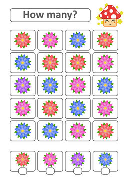 Counting game for preschool children for the development of mathematical abilities. How many flowers. With a place for answers. Simple flat isolated vector illustration.