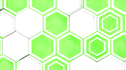 Abstract 3d background made of white hexagons on green glowing background