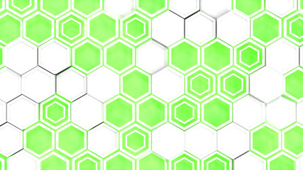 Abstract 3d background made of white hexagons on green glowing background
