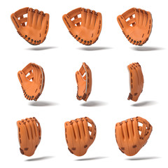 3d rendering of many orange leather baseball gloves in different angles of view on a white background.