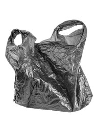 wrinkled empty trash bag isolated on white background. used black crumpled polythene packet