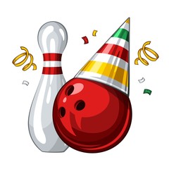 Vector illustration of bowling skittle and red bowling ball in colored party hat, isolated on white background. Party shiny hat with ribbon. Happy birthday 1.1