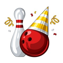 Vector illustration of bowling skittle and red bowling ball in golden party hat, isolated on white background. Party shiny hat with ribbon. Happy birthday 1.1