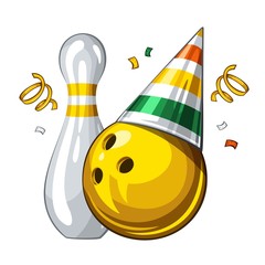 Vector illustration of bowling skittle and yellow bowling ball in colored party hat, isolated on white background. Party shiny hat with ribbon. Happy birthday 1.1