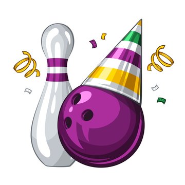 Vector illustration of bowling skittle and purple bowling ball in colored party hat, isolated on white background. Party shiny hat with ribbon. Happy birthday 1.1