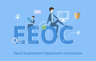 EEOC, Equal Employment Opportunity Commission. Concept with keywords, letters and icons. Colored flat vector illustration on blue background.