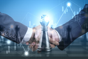Business partnership successful and strategic plan concept , .Double exposure businessman handshake...