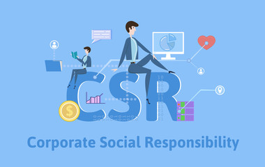 CSR, Corporate Social Responsibility. Concept with keywords, letters and icons. Colored flat vector illustration on blue background.