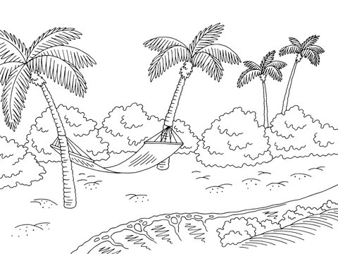 Sea coast hammock graphic black white landscape sketch illustration vector 