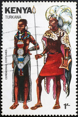 Turkana ceremonial costumes on kenyan postage stamp