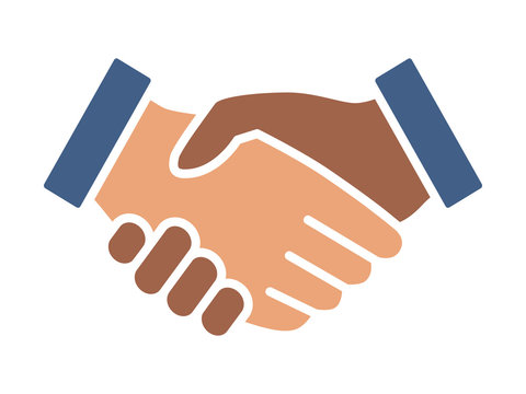 Black and white handshake or shaking hands in unity and peace flat vector color icon for apps and websites