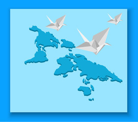 Background with abstract world map and paper cranes.