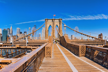 Lower Manhattan  from Brooklyn Bridge which across the East Rive, between Manhattan and Brooklyn. New York.