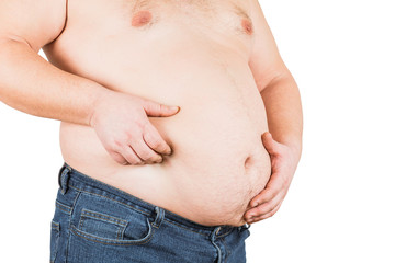 Fat man checking out his weight, isolated on white background.
