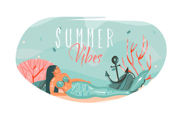 Hand drawn vector abstract cartoon summer time graphic underwater illustrations art template background with ocean bottom,beauty mermaid girl and Summer Vibes text isolated on white