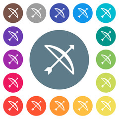 Bow with arrow flat white icons on round color backgrounds