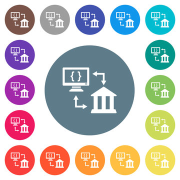 Open banking API flat white icons on round color backgrounds