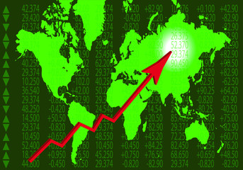 Stock Quotes, World Map And An Arrow Going Up.