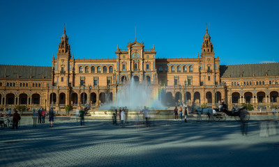 Fototapeta na wymiar Exposure of the Plaza de España in Seville, Spain, during Springtime before sunset